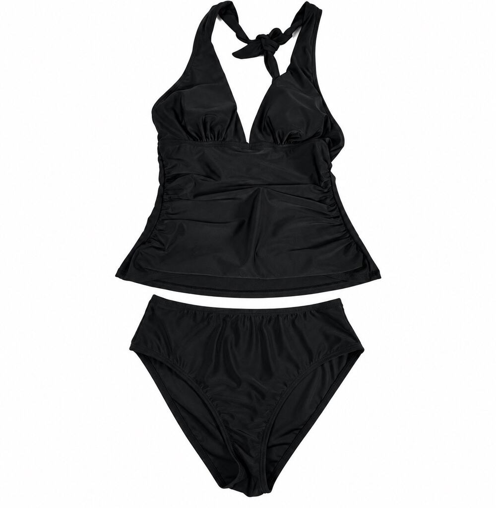 Cupshe Women 2 Piece Tankini Swimsuit Size S Black Halter Ruched Swim NWT